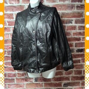 Vintage 80s Winlit Leather Jacket 9/10 Black Motorcycle Bomber Snap Collar Lined